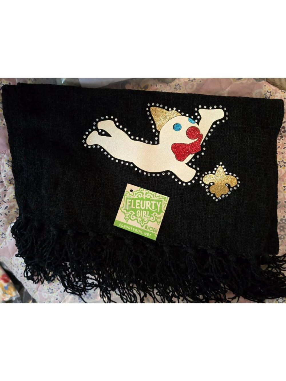 Black Fleecy Scarf With Fringe & Jumping Glitter Clown Design fleurty girl